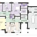 Projekt domu 5 pokoi z garażem dwustanowiskowym. Na parterze salon, kuchnia z jadalnią, łazienka, WC, pralnia, garderoba i wiatrołap. Na piętrze 3 pokoje, łazienka.