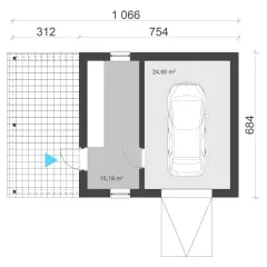 Projekt garażu jednostanowiskowego z miejscem na samochód (24,60 m²) i pomieszczeniem gospodarczym (15,19 m²).