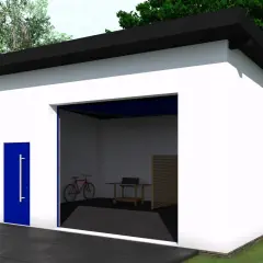 Nowoczesny projekt budynku gospodarczego jednospadowego z niebieskimi drzwiami i otwartą bramą, w której widać rower i grill.