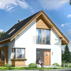Nowoczesny dom z drewna i białego tynku, projekt domu Gucio, z dużymi oknami i balkonem.