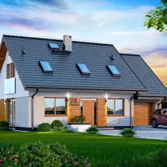 Nowoczesny dom Kendra XS 2M z garażem i czerwonym SUV-em na podjeździe. Piękny ogród i zachód słońca.