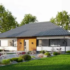 Nowoczesne domy parterowe do 100m2 z drewnianą elewacją i zadbanym ogrodem.