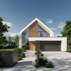 Nowoczesny projekt domu 6 pokoi z dużymi przeszkleniami i drewnianymi elementami. Elegancka bryła, garaż i zadbany ogród.