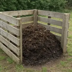 Drewniany kompostownik wypełniony ziemią i resztkami organicznymi. Prosty sposób, jak zrobić kompostownik w ziemi.