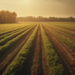 Rzędy zielonych upraw na polu o wschodzie słońca. To obraz, który może symbolizować najbardziej opłacalne uprawy ekologiczne, pełne potencjału i zdrowego wzrostu.