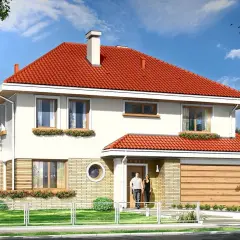 Elegancki projekt domu Orchidea z czerwoną dachówką i dużymi oknami. Para stoi przed wejściem, obok garaż i sportowy samochód.