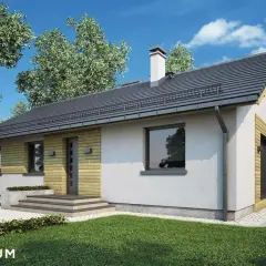 Nowoczesny dom jednorodzinny, projekt domu Aurora, z białym tynkiem, drewnianymi elementami i szarym dachem.