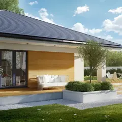 Nowoczesny taras z sofą i stolikiem, idealny do relaksu w ogrodzie. Projekt "Ariel 4" zachwyca prostotą i elegancją.