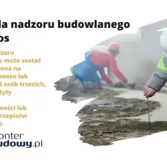 Kontrola nadzoru budowlanego na donos. Inspektor mierzy teren budowy, gdzie inny pracownik wykonuje prace.