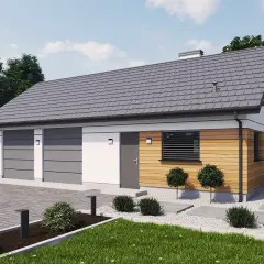 Nowoczesny garaż dwustanowiskowy z pomieszczeniem gospodarczym, z szarymi bramami, drewnianą elewacją i zadbanym ogrodem.