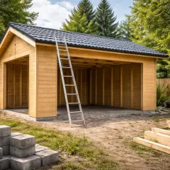 Drewniany garaż wolnostojący projekt w trakcie budowy. Drabina oparta o ścianę, materiały budowlane na placu.