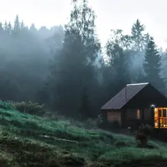 Przytulny domek z drewna, idealny na działkę leśną, otoczony mglistym lasem i zielonym zboczem.