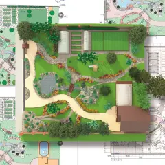 Wizualizacja aranżacji ogrodu z elementami wodnymi, zielenią, domkiem i planami architektonicznymi.