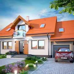Nowoczesny dom Karmelita Bis 2m z garażem i balkonem, otoczony zielenią i kwitnącymi krzewami.