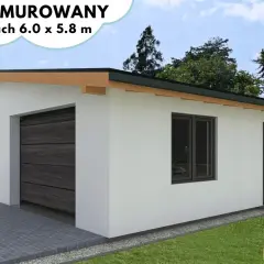 Nowoczesny garaż murowany projekt o wymiarach 6.0 x 5.8 m, z bramą garażową, oknem i drzwiami.