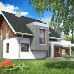 Nowoczesny dom z drewnianymi elementami i betonem, idealny dla rodziny. Projekt domu Lara to marzenie o własnym kącie.