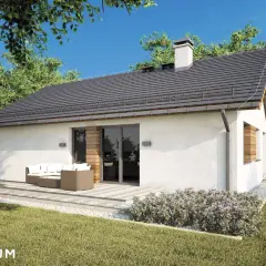 Nowoczesny projekt domu Adam z tarasem i meblami ogrodowymi. Biała elewacja, szary dach, duże okna.