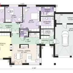 Projekt domu 5 pokoi z garażem dwustanowiskowym. Na parterze salon, kuchnia z jadalnią, łazienka, WC, pralnia, garderoba i wiatrołap. Na piętrze 3 pokoje, łazienka.