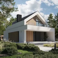 Nowoczesny projekt domu Oliwia w otoczeniu sosnowego lasu. Biała bryła z drewnianymi elementami i dużymi przeszkleniami.