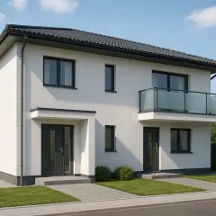 Nowoczesny dom jednorodzinny dwulokalowy z balkonem i dwoma wejściami, otoczony zielenią.