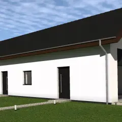 Nowoczesny budynek gospodarczy 100m2 z czarnym dachem i białymi ścianami, z dwoma bramami garażowymi i drzwiami.