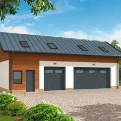 Nowoczesny projekt garażu z poddaszem użytkowym, dwustanowiskowy, z drewnianą elewacją i dachówką.