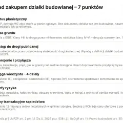 Lista 7 punktów przed zakupem działki budowlanej, w tym jak sprawdzić przeznaczenie działki online: status planistyczny, klasa gruntu, dostęp do drogi, uzbrojenie, księga wieczysta, strefy ryzyka, ceny transakcyjne.