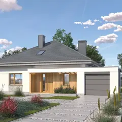 Nowoczesny projekt domu w lilakach, z garażem i wejściem osłoniętym drewnianą pergolą. Otoczony zielenią i kwitnącymi krzewami.