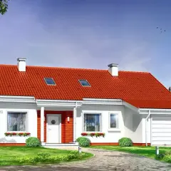 Nowoczesny dom jednorodzinny, projekt domu Luna, z czerwonym dachem, białymi ścianami i garażem.