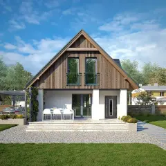 Nowoczesny projekt domu Poziomka z drewnianą elewacją i tarasem. Obok wiata na samochód.