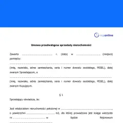 Umowa przedwstępna sprzedaży nieruchomości, zawierająca dane sprzedającego i kupującego, powierzchnię działki oraz numer księgi wieczystej.