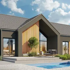 Nowoczesny dom 100m2 tani w budowie z basenem i tarasem. Drewniane akcenty i duże okna.