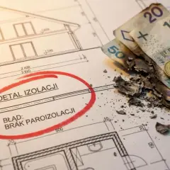 Błąd w projekcie budowlanym: brak paroizolacji. Spalone pieniądze symbolizują koszty naprawy. Różne przegrody budowlane rodzaje wymagają starannego planowania.