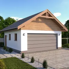 Nowoczesny budynek gospodarczy drewniany projekt z szarą bramą garażową i białymi ścianami. Otoczony zielenią i ścieżką z płyt.