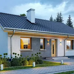 Nowoczesny dom parterowy, projekt domu Kasia 2, z oświetlonym ogrodem i podjazdem.