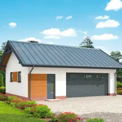 Nowoczesny projekt garażu trzystanowiskowego z szarym dachem i drewnianymi elementami.