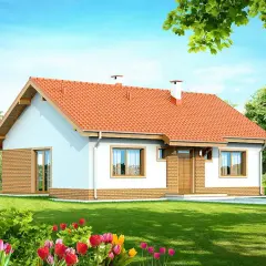 Urokliwy dom jednorodzinny, projekt domu Santia, z czerwonym dachem i ceglanymi detalami, otoczony zielonym ogrodem z kwitnącymi tulipanami.