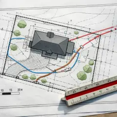 Projekt zagospodarowania terenu z domem, drogą dojazdową, drzewami i zaznaczonymi instalacjami. Linijka geodezyjna podkreśla skalę.