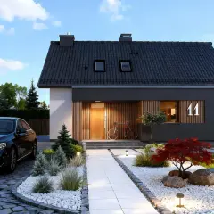 Nowoczesny dom z podjazdem, czarnym Mercedesem i rowerem przy drzwiach. Projekt domidea 60 dg.