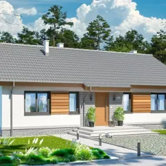 Uroczy, nowoczesny dom parterowy do 50m2 z drewnianymi elementami i zadbanym ogrodem.