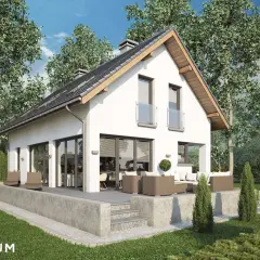 Nowoczesny projekt domu Boston z tarasem i meblami ogrodowymi, otoczony zielenią.
