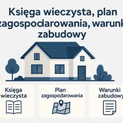 Ilustracja domu z ikonami: księga wieczysta, plan zagospodarowania, warunki zabudowy. Kluczowe dokumenty do budowy.