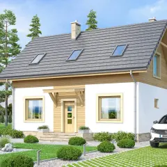 Uroczy projekt domu Cynamon z białym tynkiem, drewnianymi elementami i zielonym ogrodem. Idealny na spokojne życie.