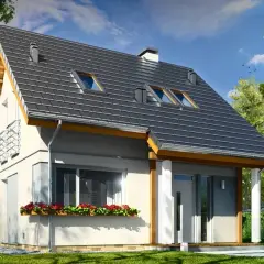 Nowoczesny projekt domu mikrus z szarym dachem, oknami dachowymi i kwiecistą skrzynką pod oknem.