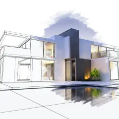 Wizualizacja nowoczesnego domu, gdzie szkic architektoniczny łączy się z renderem. Może to być zgłoszenie samowoli budowlanej, jeśli projekt nie jest zgodny z planem.