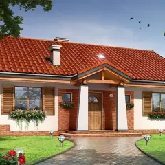 Urokliwy projekt domu Niezapominajka z czerwoną dachówką, białymi kolumnami i drewnianymi okiennicami. Otoczony zielenią i kwiatami.