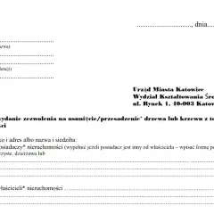Formularz wniosku o zezwolenie na wycinkę drzew lub krzewów z terenu nieruchomości.
