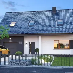 Nowoczesny projekt domu Zefir z garażem, żółtym autem i zadbanym ogrodem.