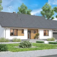 Nowoczesny dom jednorodzinny, projekt Mokka 5, z białym tynkiem, drewnianymi elementami i szarym dachem.