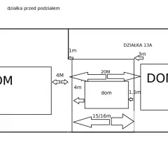 Schemat pokazuje, ile od granicy działki można postawić dom. Wskazuje odległości 1m, 1,5m, 3m, 4m, 15/16m i 20m.